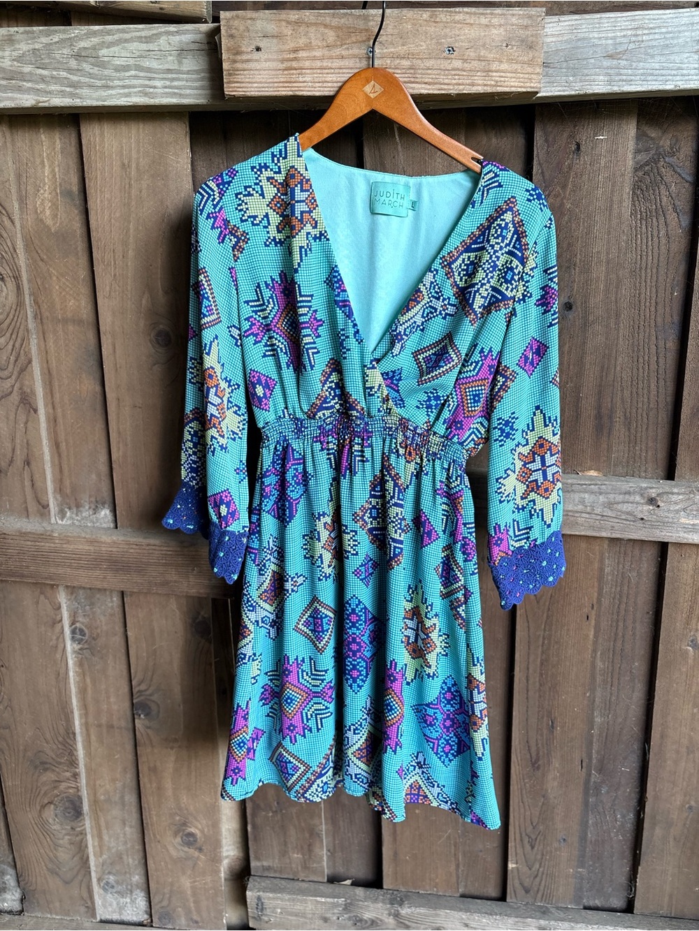 Judith March Turquoise Mosaic Aztec Southwestern Geometric Surplice Wrap Dress